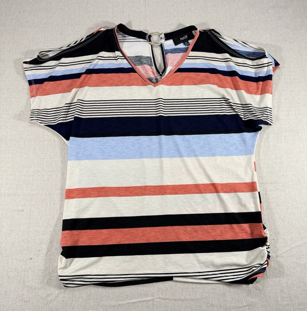 NAIF Womens Medium Striped Top V Neck Cold Shoulder Ring Back Short Sleeve Shirt